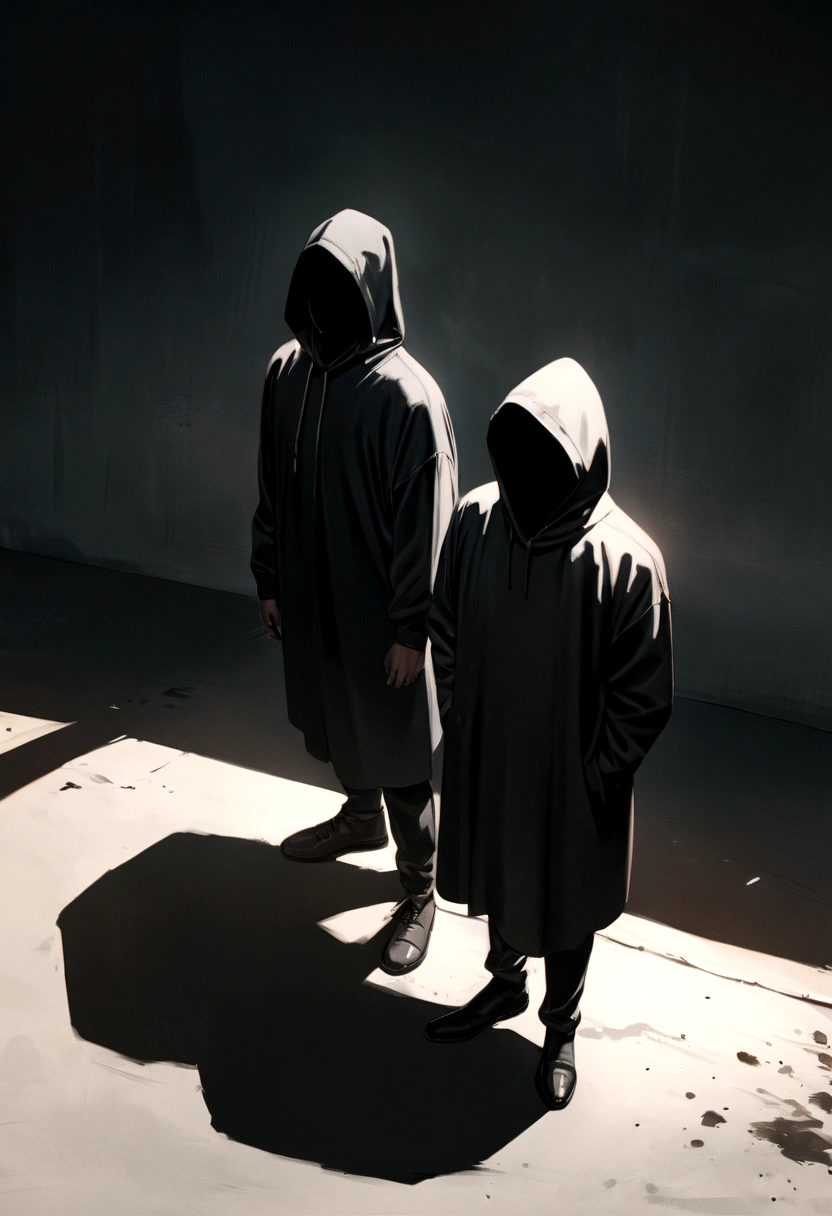 
"Two men standing back to the viewer, side by side; one wearing a black robe with the hood up, the other in a black hoodie and pants. Minimalist characters, 8k resolution, high definition, photorealistic style, cinematic lighting, melancholic atmosphere, dramatic shadows, muted color palette."






