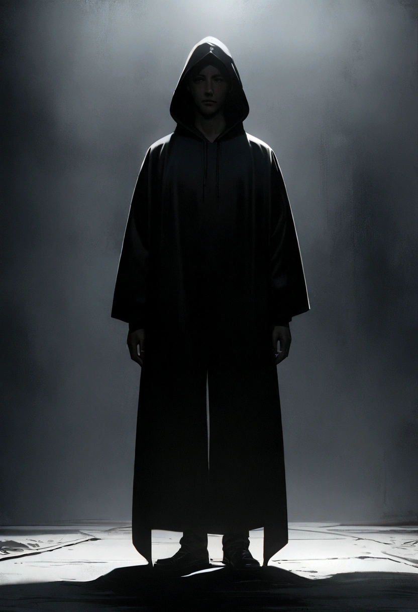 "Two men standing back to the viewer, side by side; one wearing a black robe with the hood up, the other in a black hoodie and pants. Minimalist characters, 8k resolution, high definition, photorealistic style, cinematic lighting, melancholic atmosphere, dramatic shadows, muted color palette."