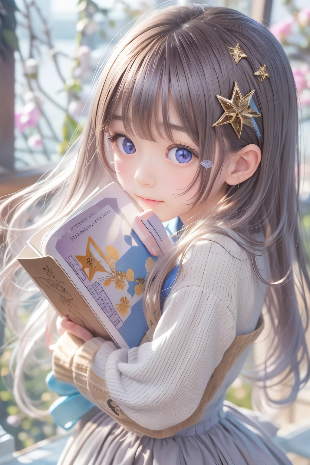 Realistic、８age、Real masterpieces, Highest quality, Highly detailed shape,1 Girl,alone, 画像Book体, flower, Looking at the audience、 Purple eyes, Jewel-like eyes, Very beautiful eyes, Highly detailed face,, , star (null), star座, Purple Energy, handrail, 流star、Shiny, straight, long hair down to the waist, Beautiful shiny bangs、16ｋ、photograph、quality、Looking down on a young girl from above、指は4Book、The thumb１Book、Well-formed fingers、smile、
