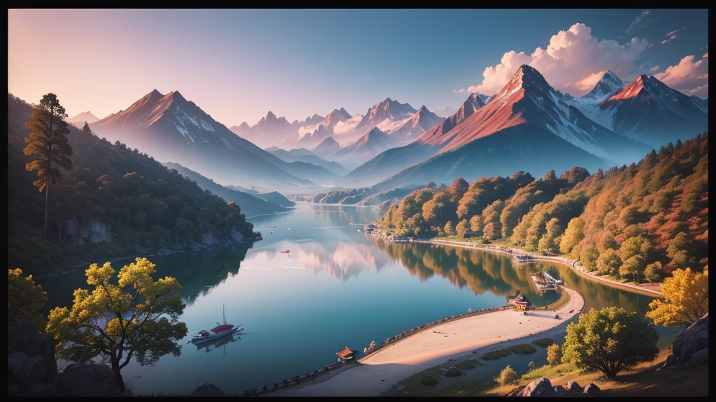 a traditional landscape of East Asia. It shows a quiet scene with hazy mountains in the background, a peaceful lake in the center, and many boats are floating on the water. There are trees and large rocks scattered everywhere, with pagoda-style houses hidden among the mountains. The sky is dyed pink and blue, suggestive of sunrise or sunset. This photo is interesting because of its peaceful combination and skillful use of water level to create depth and atmosphere for the painting.. Pretty