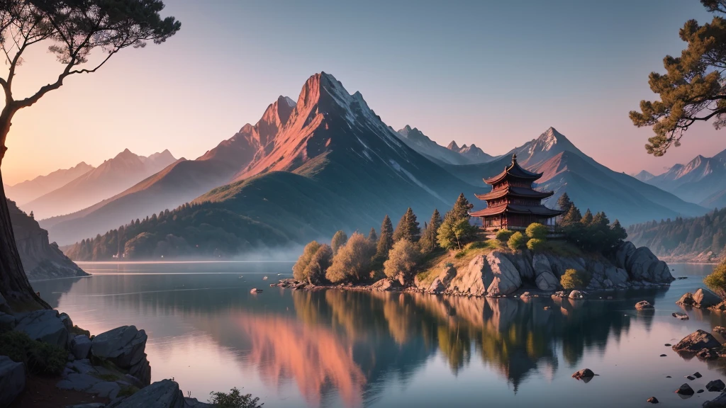 a traditional landscape of East Asia. It shows a quiet scene with hazy mountains in the background, a peaceful lake in the center, and many boats are floating on the water. There are trees and large rocks scattered everywhere, with pagoda-style houses hidden among the mountains. The sky is dyed pink and blue, suggestive of sunrise or sunset. This photo is interesting because of its peaceful combination and skillful use of water level to create depth and atmosphere for the painting.. Pretty