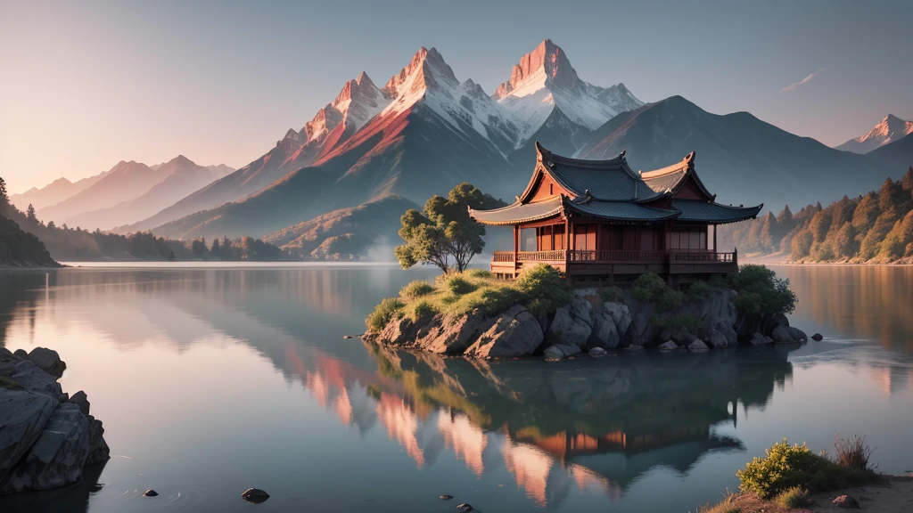 a traditional landscape of East Asia. It shows a quiet scene with hazy mountains in the background, a peaceful lake in the center, and many boats are floating on the water. There are trees and large rocks scattered everywhere, with pagoda-style houses hidden among the mountains. The sky is dyed pink and blue, suggestive of sunrise or sunset. This photo is interesting because of its peaceful combination and skillful use of water level to create depth and atmosphere for the painting.. Pretty