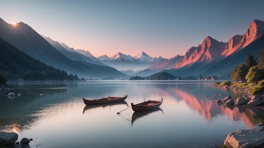 a traditional landscape of East Asia. It shows a quiet scene with hazy mountains in the background, a peaceful lake in the center, and many boats are floating on the water. There are trees and large rocks scattered everywhere, with pagoda-style houses hidden among the mountains. The sky is dyed pink and blue, suggestive of sunrise or sunset. This photo is interesting because of its peaceful combination and skillful use of water level to create depth and atmosphere for the painting.. Pretty