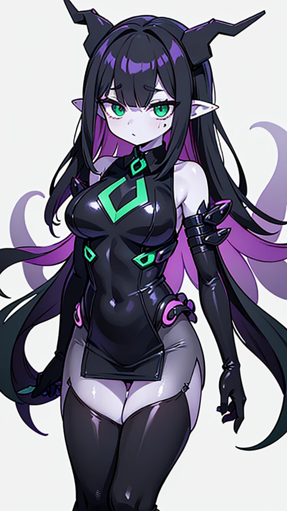 (The greatest of all time)、((16K:1.5))、((Acme))、(PNG)、3D、Semi-realistic、solo、((Simple solid color background))、Whole body expression、((A beautiful woman))、(Ultra-delicate and exquisite texture)、sensational、((The ultimate perfect glamorous body))、Glossy, exquisite skin、Expression of delight、(A lewd open-legged pose that will captivate and captivate everyone:1.1)、((emerald green eyes:1.3)、(Black Hair)、(Purple silver inner hair color)、(Tentacle hair)、long hair、(Extra mechanical octopus eye-shaped biological parts added to the head:1.3)、Slightly droopy eyes)、Aphrodisiac brainwashing rate: 100%、Parasitic compatibility coefficient infinite、(The parasitic sexual predator mimic octopus, a parasitic organism and a viscous-bound lifeform, attaches itself to a female host, completely invades the womb, parasitizes and assimilates, and evolves into the ultimate female lifeform with big breasts and a glamorous figure.:1.2)、Parasitic control gem nuclei are created on the back, lower back, and navel.、(The parasitic symbiote transforms into a costume)、(The wearable parasitic armored dragon octopus, a collective lifeform of nanomachines, covers and parasitizes the ultimate lifeform, completely transforming into an armored reinforced exoskeleton that covers the body.:1.3)、 (The parasitic creature, the Lust Bug, invades the womb of the ultimate lifeform, eroding it, brainwashing it into becoming lustful and evil.)、Uterus tattoo、(Sharp clawed limbs)、Long tail、(Pale skin:1.6)、(Sleeveless tailcoat:1.5)、(Elbow Gloves)、(Sexy high leg leotard with black rubber neckband:1.5)、(Pencil skirt with slit:1.5)、(Tentacle Pelvic Curtain)、(stockings)、(Armor-type reinforced exoskeleton coverage rate 40%)、(Costume transformation rate: 230%)、taboo、