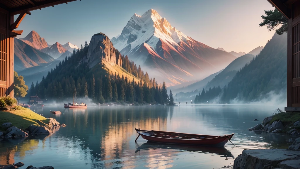 a traditional landscape of East Asia. It shows a quiet scene with hazy mountains in the background, a peaceful lake in the center, and many boats are floating on the water. There are trees and large rocks scattered everywhere, with pagoda-style houses hidden among the mountains. The sky is dyed pink and blue, suggestive of sunrise or sunset. This photo is interesting because of its peaceful combination and skillful use of water level to create depth and atmosphere for the painting.. Pretty