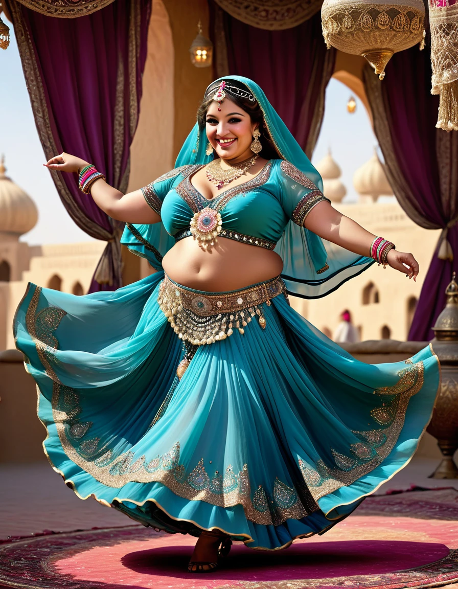 photorealistic portrait of Dressed animals - a ((fat)) (toad) dancer,(), (dynamic dancing:2.0), (swinging arms :2.0),(happy smile:1.2),high quality,(happy),(lovely) ,intricate details, (sheer veil), highly detailed (( gypsy belly dancing clothes)) ,highly detailed decorations of clothes, Wearing gypsy belly dancing clothes, , (happy), soft lighting,(full body image:1.5),Arabian palace background,(viewed from side:2.0),