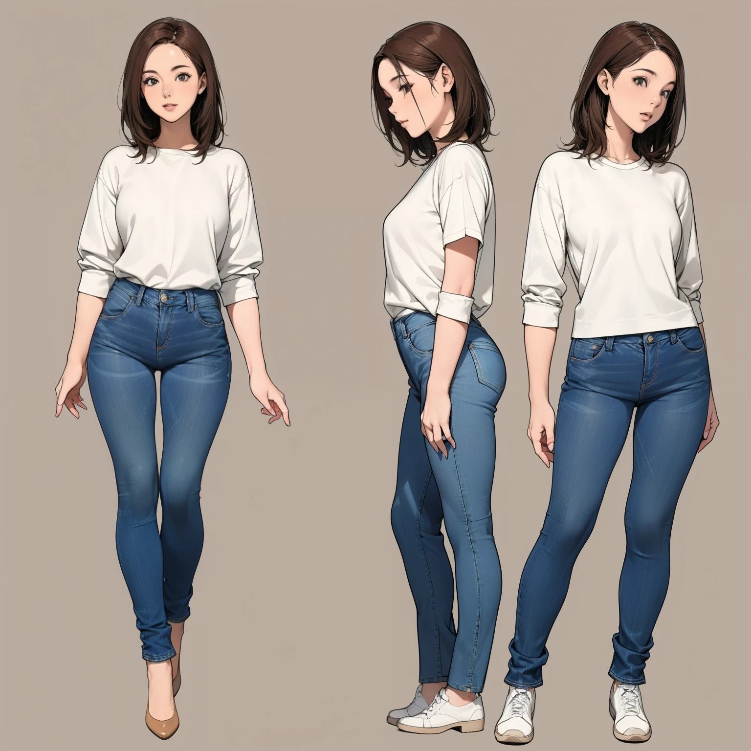 Detailed character sheet, Front view, Side view, Diagonal view, with a white returnground, show women, 30 years old, with short dark brown hair combed return, Wearing light casual clothing, Wearing tight denim jeans. The seat includes different angles, Front etc., return, and Side views, Model sheets and reference sheets, Full-body painting. Proportions are based on a 7.5 head scale.