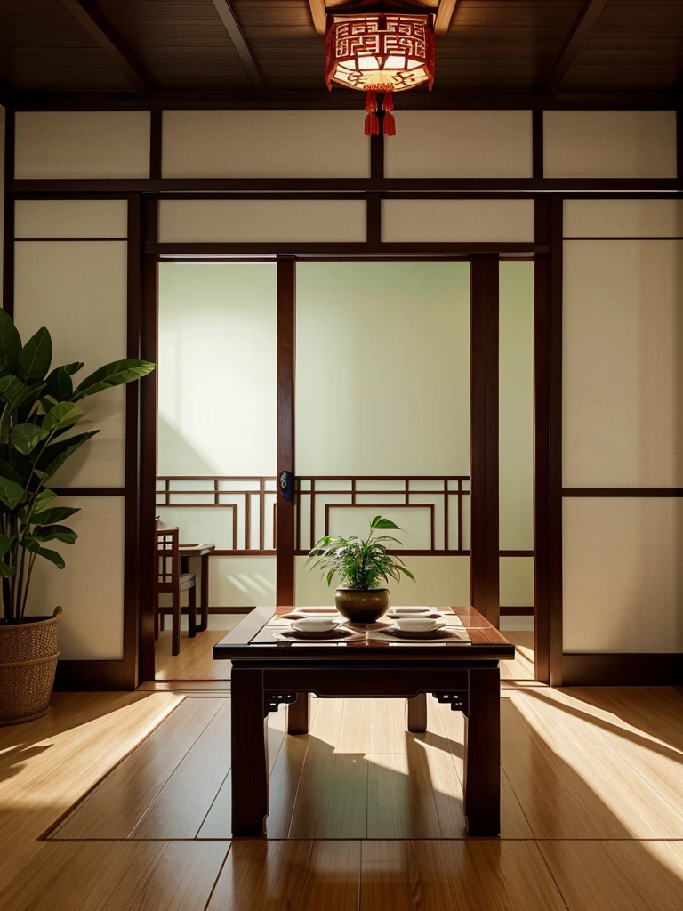 Simple new Chinese style interior decoration,Wooden floor,Sliding doors,Chinese painting,Ceiling,Tatami,dining table,Green Plants,masterpiece, best quality, Ultra Detailed, illustration, Beautiful details, Depth of Field, Dynamic Angle, 8K wallpaper, portrait, Best light and shadow quality, 4k, 8K, CG, Fine details