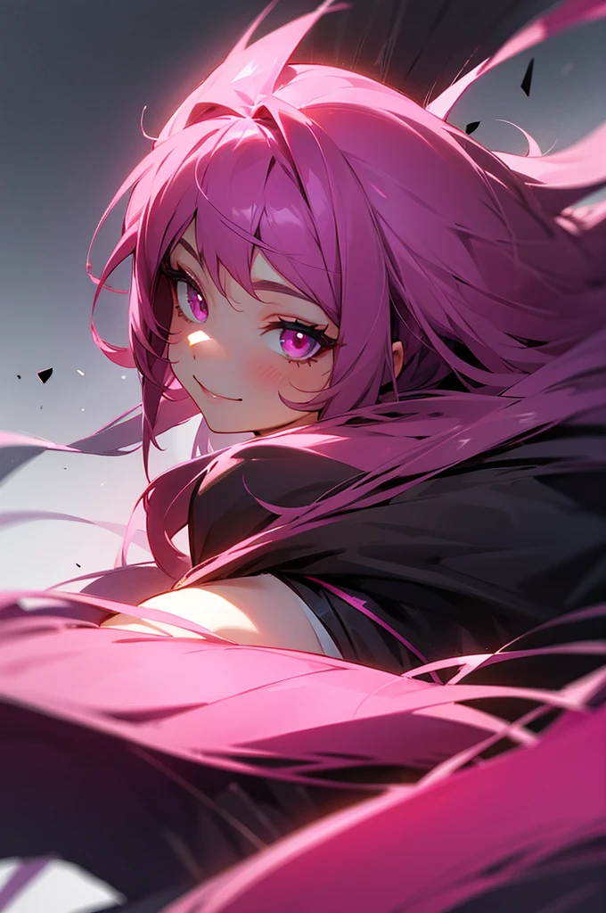 A girl, with long hair mixed with black and dark pink, eyes shade of dark pink, smiling
