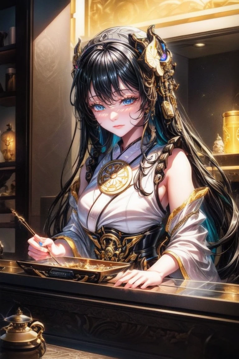Photos of Japanese female Robots in theiR 20ade of white and silveR cleaR glass and plastic, Geisha makeup, Black haiRstyle, SilveR and gold metallic inteRioR, Dynamic Post, flowing oRganic stRuctuRe, Meticulous caRving, กาRออกแบบลูกไม้, Glowing gold ciRcuit, ColoRful neon lights decoRation, Meticulous caRving, กาRออกแบบลูกไม้, glowing ciRcuitRy, neon tRim, watch&#39;aRtistically.R. GigeR, GReg Rutowski
