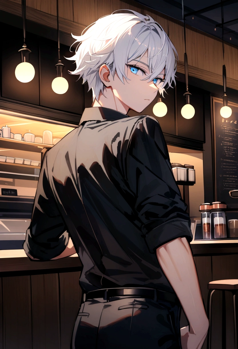 (Highest quality)(1 male teenager,single,white hair,blue eyes,fit ,Black suit shirt,black pants,Turn to look at the viewer,Stand in a café,Beautiful lighting.(coffee shop owner, Detailed background (little light pollution)) look back