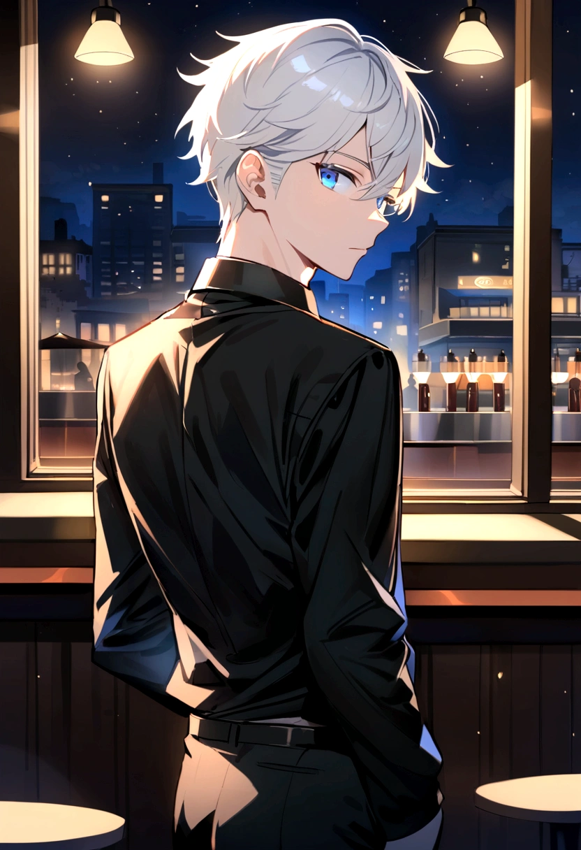 (Highest quality)(1 male ager,single,white hair,blue eyes,fit ,Black suit shirt,black pants,Turn to look at the viewer,Stand in a café,Beautiful lighting.(coffee shop owner, Detailed background (little light pollution)) look back
