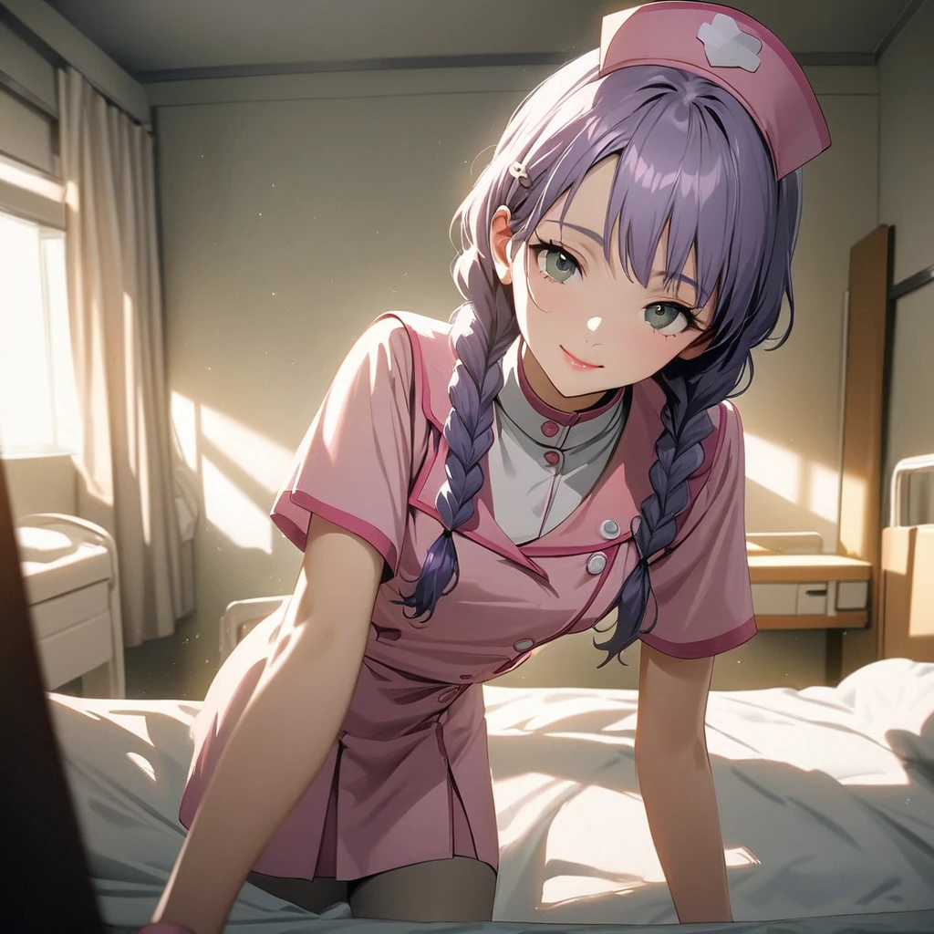 (Cute a girl:1.5), (a girl with closs hair pin,pale purple hair,wavy two braids,bluntbangs hair,green and black eyes,
Pink nurse uniform, pink nurse cap, beige pantyhose, white shoes, bright hospital room, girl opening the curtains,pink lips, :1.4),(masterpiece:1.3), anime visual, (Lovey-dovey:1.5), (tilt head:1.3), extremely delicate face, soft clean focus, realistic lighting and shading, (an extremely delicate and beautiful art:1.3), elegant, (muted colors:1.1), small breast,slim,look at viewer,smiling,morning lit,