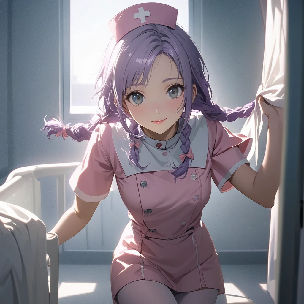 (Cute a girl:1.5), (a girl with closs hair pin,pale purple hair,wavy two braids,bluntbangs hair,green and black eyes,
Pink nurse uniform, pink nurse cap, beige pantyhose, white shoes, bright hospital room, girl opening the curtains,pink lips, :1.4),(masterpiece:1.3), anime visual, (Lovey-dovey:1.5), (tilt head:1.3), extremely delicate face, soft clean focus, realistic lighting and shading, (an extremely delicate and beautiful art:1.3), elegant, (muted colors:1.1), small breast,slim,look at viewer,smiling,morning lit,