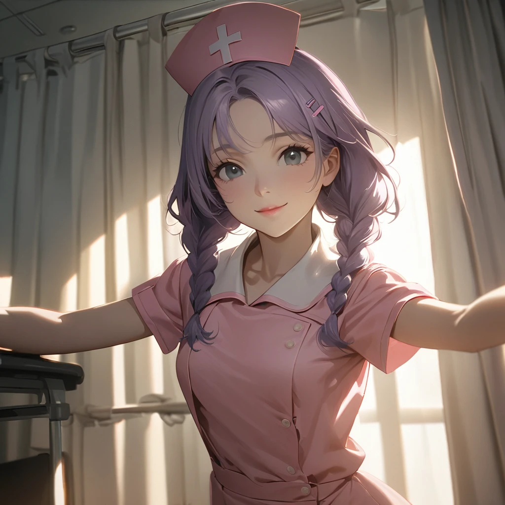 (Cute a girl:1.5), (a girl with closs hair pin,pale purple hair,wavy two braids,bluntbangs hair,green and black eyes,
Pink nurse uniform, pink nurse cap, beige pantyhose, white shoes, bright hospital room, girl opening the curtains,pink lips, :1.4),(masterpiece:1.3), anime visual, (Lovey-dovey:1.5), (tilt head:1.3), extremely delicate face, soft clean focus, realistic lighting and shading, (an extremely delicate and beautiful art:1.3), elegant, (muted colors:1.1), small breast,slim,look at viewer,smiling,morning lit,