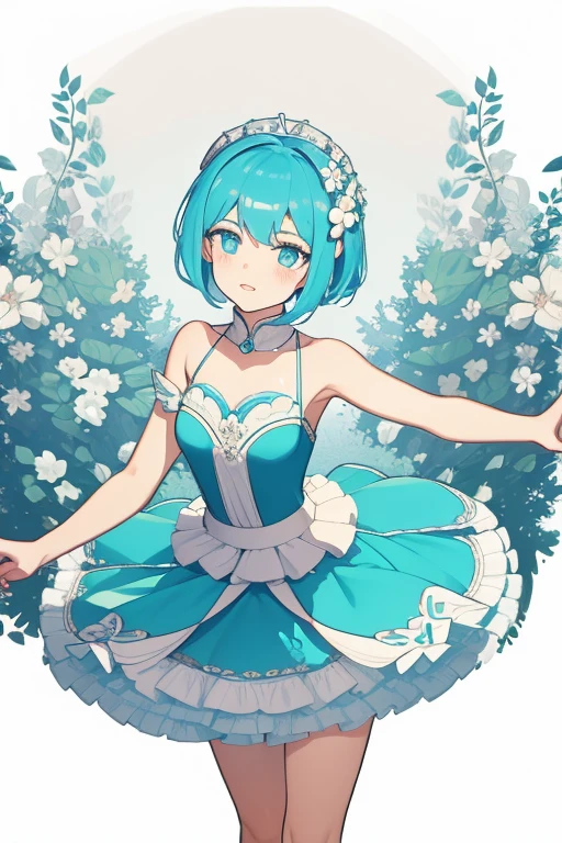 Young woman short hair Cyan white tutu ballet dancer with white flowers on head