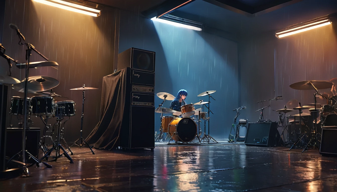 a moody rainy day, dimly lit room, anime band performing, distant view, long eyelashes, (best quality,4k,8k,highres,masterpiece:1.2),ultra-detailed,(realistic,photorealistic,photo-realistic:1.37),cinematic lighting, dramatic shadows, vibrant colors, moody atmosphere