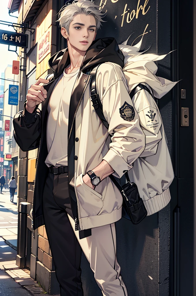 (tmasterpiece,Ultra-high resolution,16k UHD,high qulity),low tune,standing on your feet,looking at viewert,tmasterpiece,A tall man,Standing next to a coffee shop,are standing,(Gray hair),Black eyes,ssmile,Seoul,(small heads),Tall man, Masculine face shape,Precise anatomy,Precise hand structure,Light-colored clothing,Hoodies,Jacket,((espadrilles)),wristwatch,Unity 16K wallpaper,concept-art,One guy,8K eyeature male))),(Short hair in the middle),(photorealiscic face:1.8),broad shoulder,slips,(full bodyesbian:1.6),Male 18
