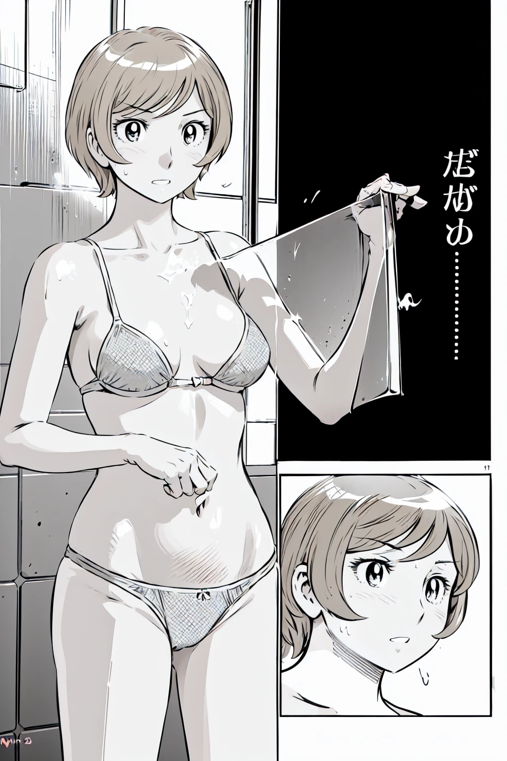 、(masterpiece、Highest quality)、Highest quality, Ultra-high resolution, (((masterpiece))), alone, Sweat、Big eyes, Composition from the front、Shortcuts、Embarrassed face、Blonde Hair、Short back hair、Monochrome、Pencil drawing、comics、Bathroom、Shower scene、Boobs exposed、Completely naked、pubic hair、belly button、Large areola、Nipples、short hair