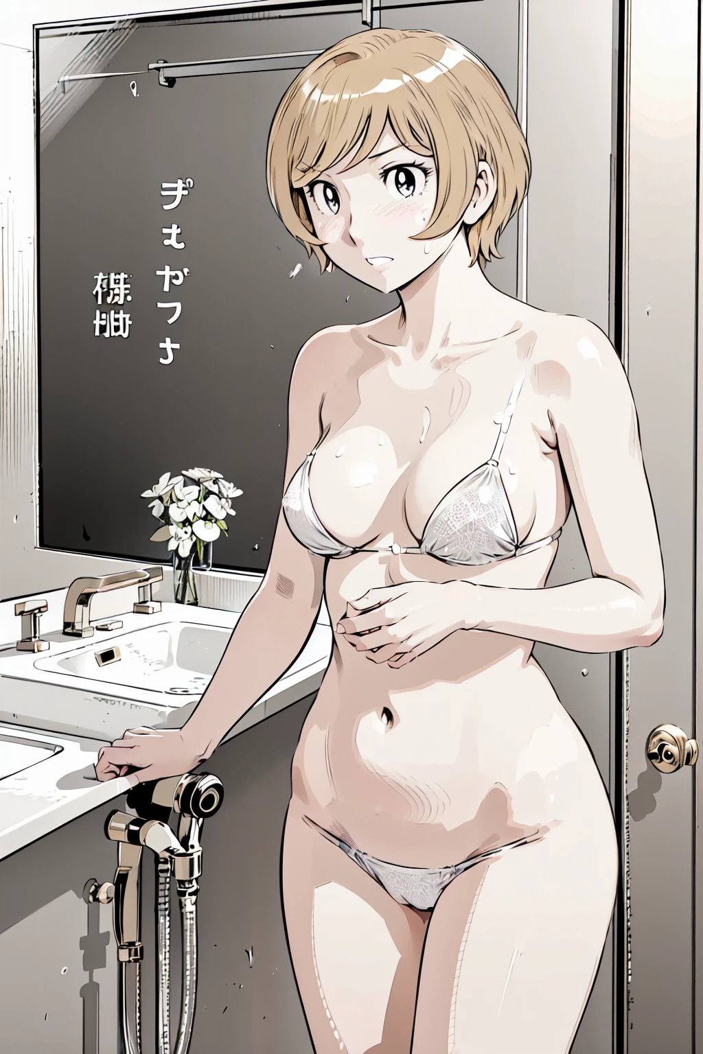 blonde hair, short hair, hairband, Purple eyes, ars old, , empty eyes , large breasts, solo, nipple, Petrochemical, , Heavy snowfall area, freeze wet , Mountain ,naked, Expressionless, nsfw