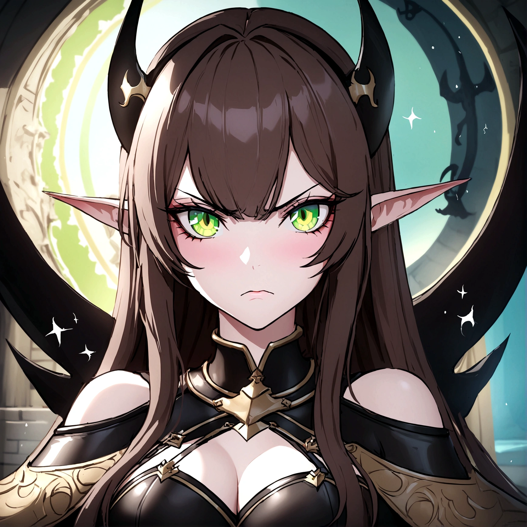 (best quality,4k,highres:1.2),ultra-detailliert,Realistisch:1.37,portrait,Elfenfrau,blasse Haut,braune Haare,green eyes,lange Ohren,angry,schwarze kurze kleidung,magisches schwarzes Breitschwert,rote Augen auf der Klinge,dunkle Fantasie,scharfer Fokus,Studiobeleuchtung,lebendige Farben, bestimmt, ruthless, Sukkubus, getarnt, schwarze Maske, schwarze Kapuze