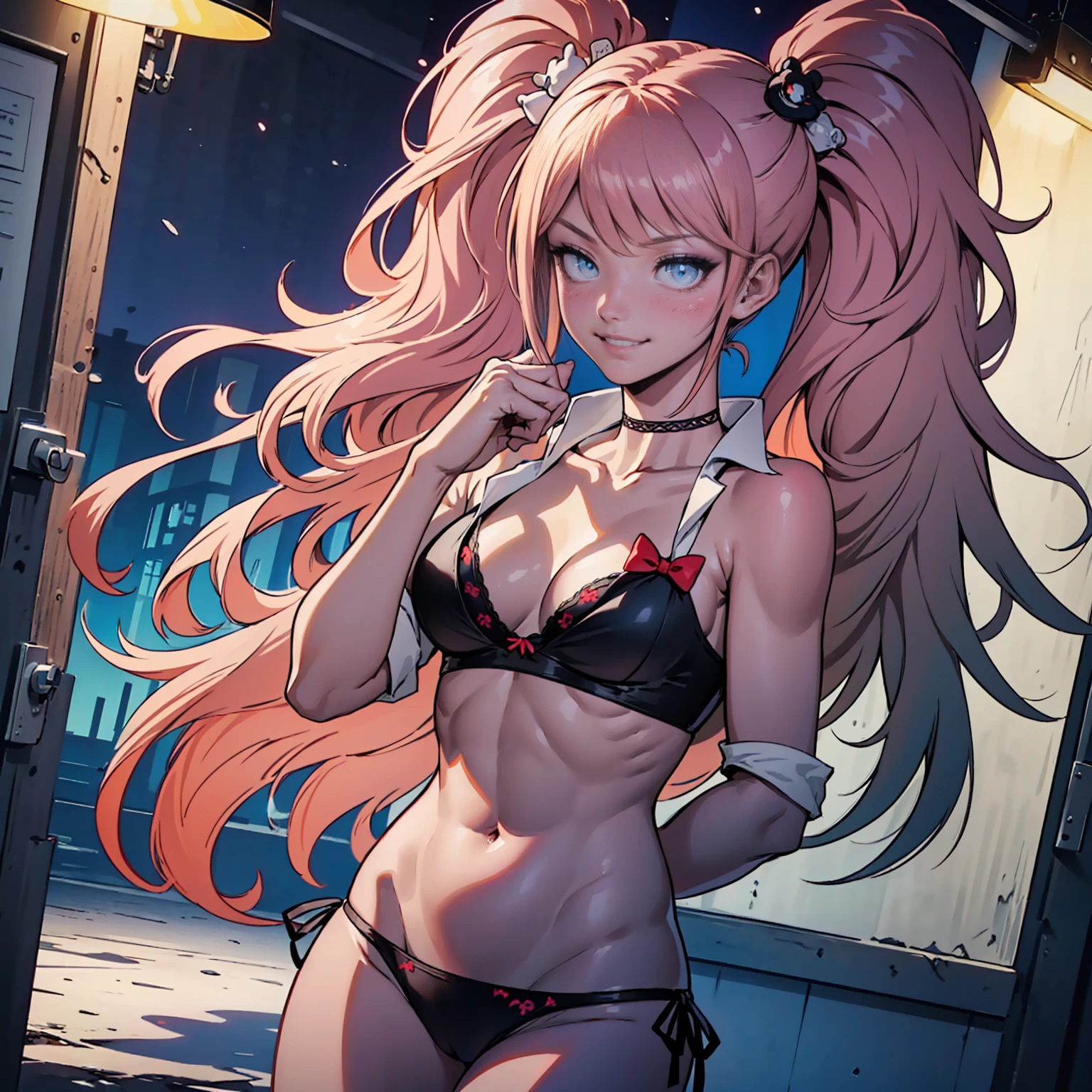 junkodg, ((long pink hair, twinbraids, glowing blue eyes, makeup, narrow waist, skinny, medium breasts, black bikini, black choker, black gloves)), pelvic curtain, ((white panties, white bra)), full body, perfect body, (insanely detailed, beautiful detailed face, masterpiece, best quality) , (((solo))), (((1girl))), (((mature))), (extremely detailed 8k paper CG wall unit: 1.1), (school, night), (smile face for the viewer), 