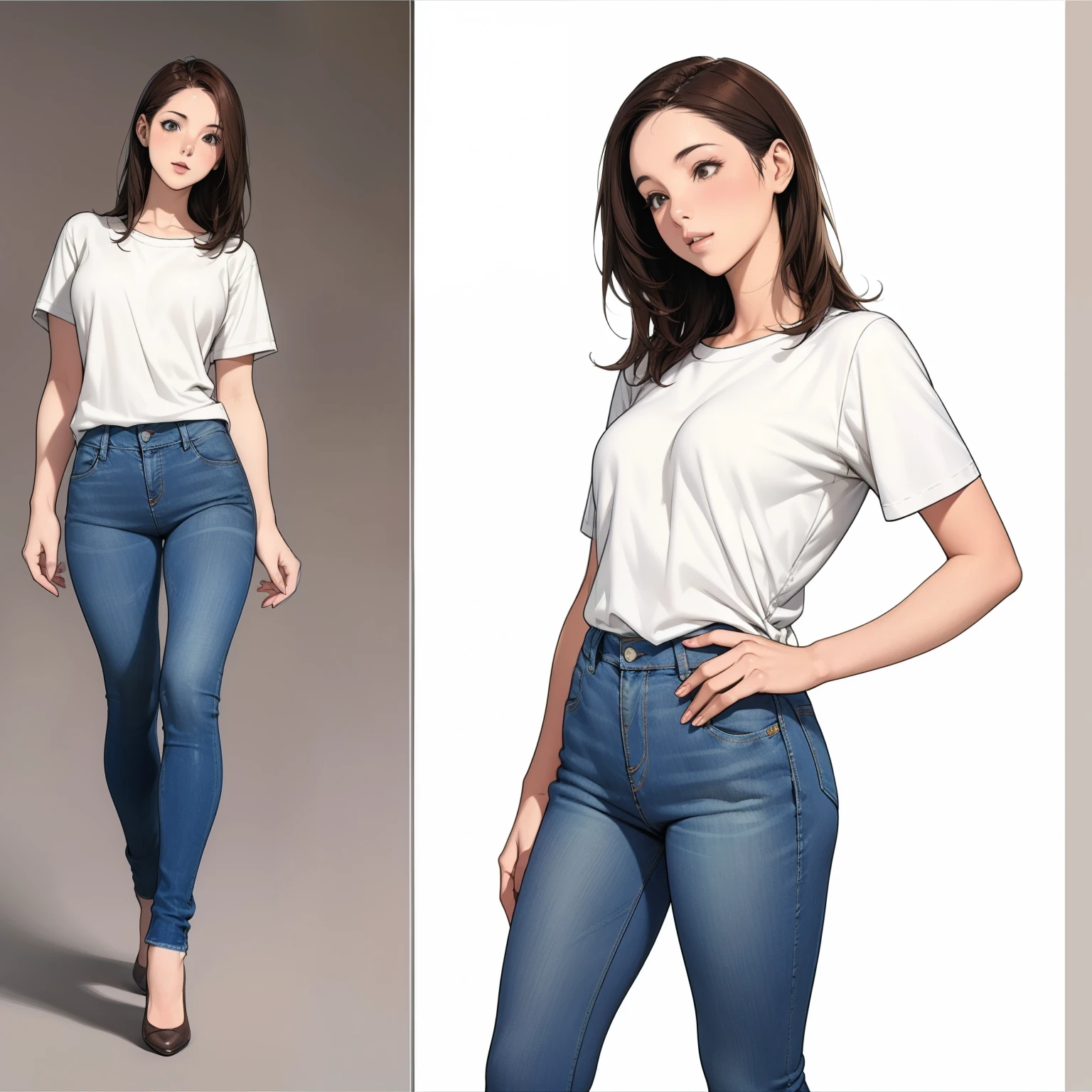 Detailed character sheet, Front view, Side view, Diagonal view, with a white returnground, show women, 30 years old, with short dark brown hair combed return, Wearing light casual clothing, Wearing tight denim jeans. The seat includes different angles, Front etc., return, and Side views, Model sheets and reference sheets, Full-body painting. Proportions are based on a 7.5 head scale.