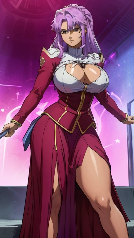 ((high detailed)) 27 yo's woman, extremely large hairstyle, light purple hair, green eyes, serious face, huge round buson, gorgeous plump body, Black Sattelizer's clothes, large skirt, Holding Handblade, action pose, looking to the viewer