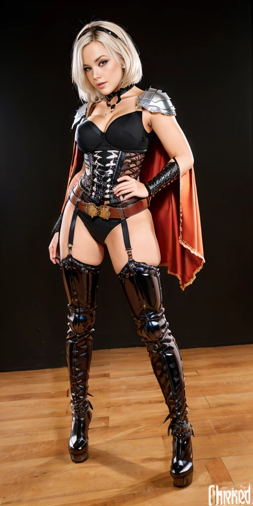 ((BLACK BACKGROUND,1:2, masterpiece)) full body MILF BIMBO standing with two long thighs and two metal sandals, red eyes, silver white hair, short bob style hair, choker, armor, cape, black dress, single glove, thigh highs, armored legwear, orange boots, choker, big belt, view from below, feet together, bracers, tiara, hyper realistic