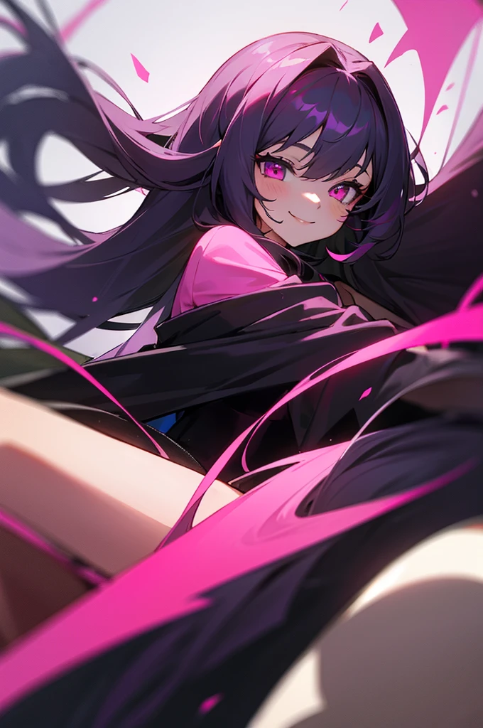 A girl, with long hair mixed with black and dark pink, eyes shade of dark pink, smiling