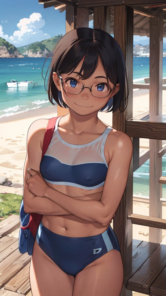 highest quality、Realistic、female、zoom、Chestnut Hair、Blue Eyes、short hair、athlete、muscle、Swimwear、athlete、muscle、Abdominal muscles、Glasses、Sunburned、Tan、Brown Skin、From below、smile、Ocean、Looking down、、Small breasts、Bust Shot、