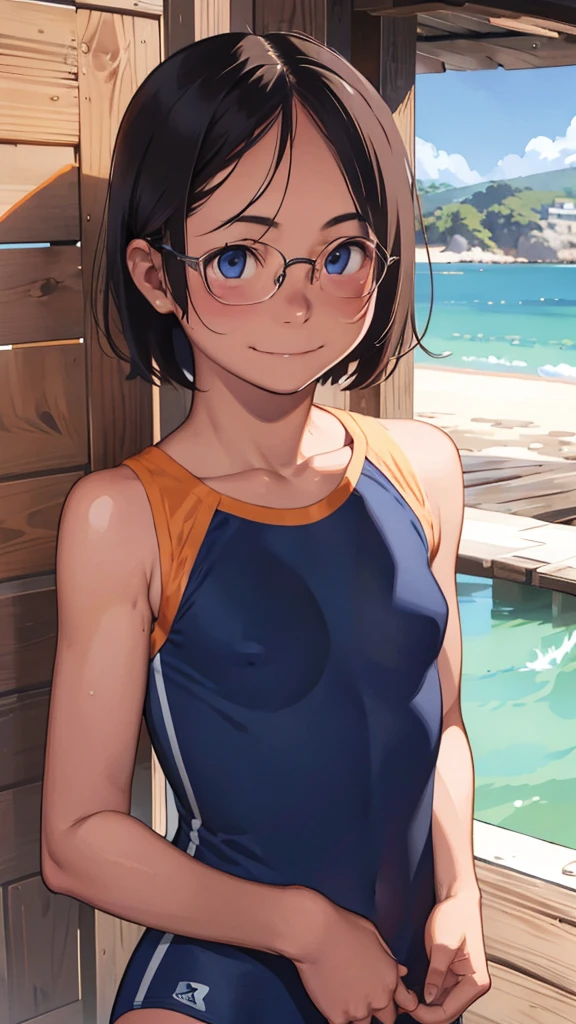 highest quality、Realistic、female、zoom、Chestnut Hair、Blue Eyes、short hair、athlete、muscle、Swimwear、athlete、muscle、Abdominal muscles、Glasses、Sunburned、Tan、Brown Skin、From below、smile、Ocean、Looking down、、Small breasts、Bust Shot、　