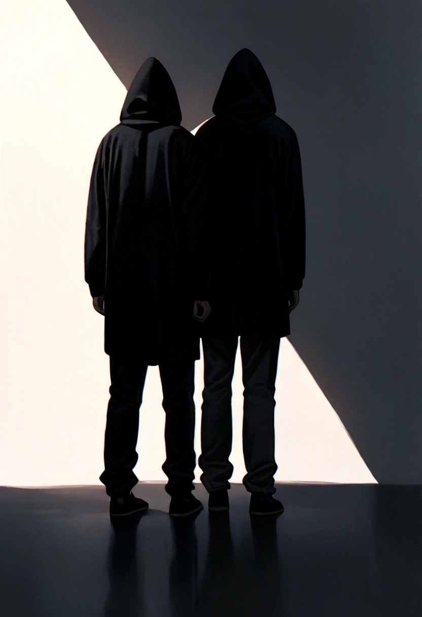 "Two men standing side by side, one wearing a black robe with the hood up, the other in a black hoodie and pants, back view. Minimalist characters, 8k resolution, high definition, photorealistic style, cinematic lighting, melancholic atmosphere, dramatic shadows, muted color palette."