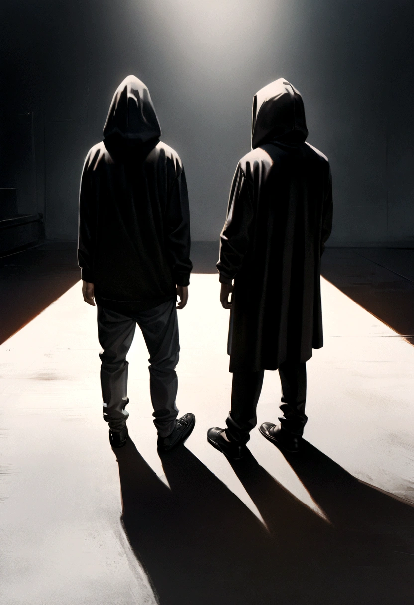 "Two men standing side by side, one wearing a black robe with the hood up, the other in a black hoodie and pants, back view. Minimalist characters, 8k resolution, high definition, photorealistic style, cinematic lighting, melancholic atmosphere, dramatic shadows, muted color palette."