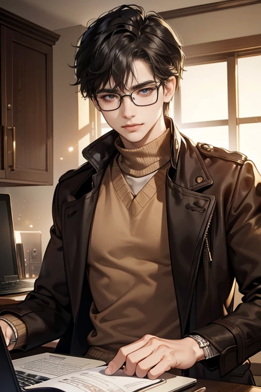 (tmasterpiece, high resolution, ultra - detailed:1.0), (1male), Eyes looking at the camera, Perfect male body, Extremely detailed CG, 8K wallpaper, Complicated details, solo person, Detailed face,(Black hair, Brown coat,brown sweater, Glasses, Sit in front of your laptop), color difference, Depth of field, dramatic shadow, Ray tracing, Best quality, Cinematic lighting, offcial art,(ssmile),(laughingly)