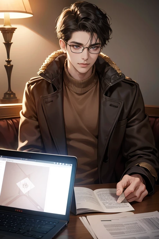 (tmasterpiece, high resolution, ultra - detailed:1.0), (1male), Eyes looking at the camera, Perfect male body, Extremely detailed CG, 8K wallpaper, Complicated details, solo person, Detailed face,(Black hair, Brown coat,brown sweater, Glasses, Sit in front of your laptop), color difference, Depth of field, dramatic shadow, Ray tracing, Best quality, Cinematic lighting, offcial art,(ssmile),(laughingly)
