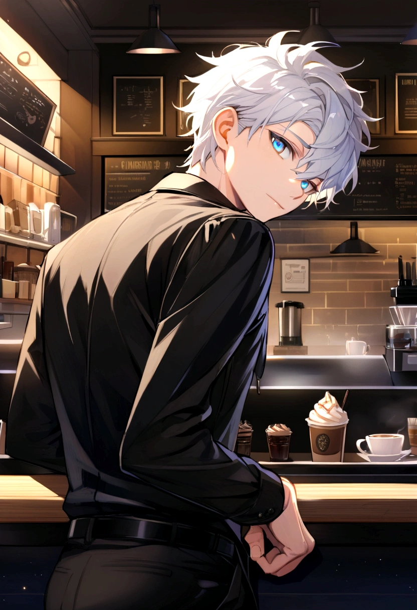 (Highest quality)(1 male teenager,single,white hair,blue eyes,fit ,Black suit shirt,black pants,Turn to look at the viewer,Stand in a café,beautiful morning light(coffee shop owner, Detailed background (little light pollution)) look back