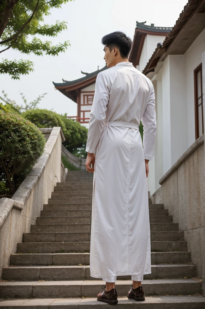 backside view of an Chinese man Tall and broad-shouldered, he descended the steps with natural elegance, tinged with nonchalance incredibly handsome. wearing Veda dressed with shoe