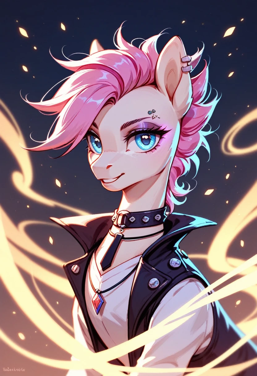(score_9,score_8_up,score_7_up,score_6_up,score_5_up,score_4_up) black and pink punk pony, glowing, whimsical, enchanted, magical, fantasy art concept, intricate details,