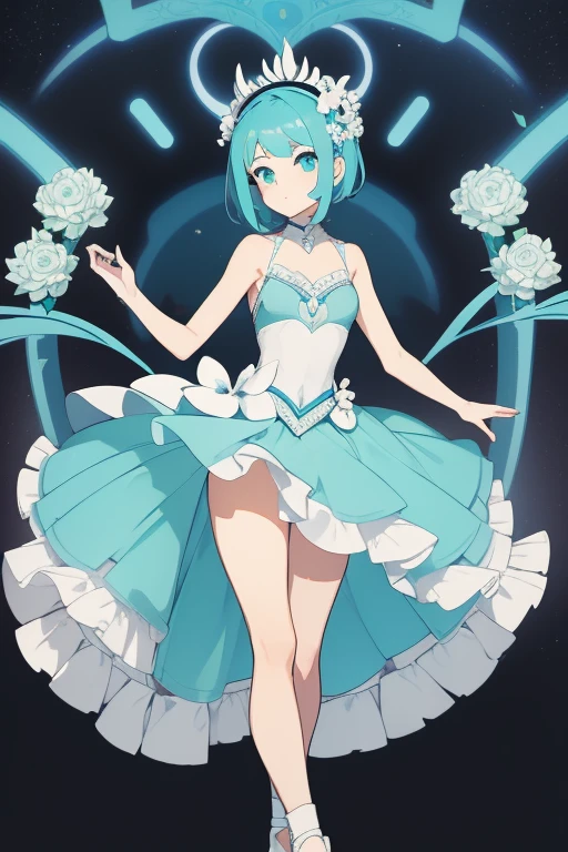 Young woman short hair Cyan white tutu ballet dancer with white flowers on head villain