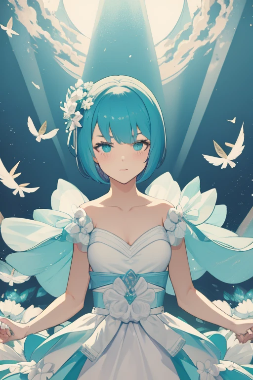 Young woman short hair Cyan white tutu ballet dancer with white flowers on head villain