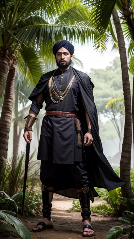 fullbody, Mughal Empire, man, offender, nice body, in the jungle, face, late 30s, good fight, evil, Black color, one person, stand