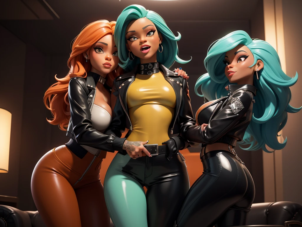 obra prima, melhor qualidade, ((rihanna, ciara)) head back, sassy wicked, open mouth, big teeth smile, thick smoky black eye shadow, long fake eyelashes, sultry eyes, ((dark orange leather biker jacket,)) biker jacket has stiff collar, leather blouse, ((mint green pvc skinny pants,)) studs zippers snaps, shiny leather gloves, nip slip, body is skinny, laying down hugging each other on sofa, shiny tight buttocks, arched back, mashing breasts, (passionate kissing,) camera view of whole body, looking up at me, shallow depth of field, highres, HD, 8k, anatomically correct
