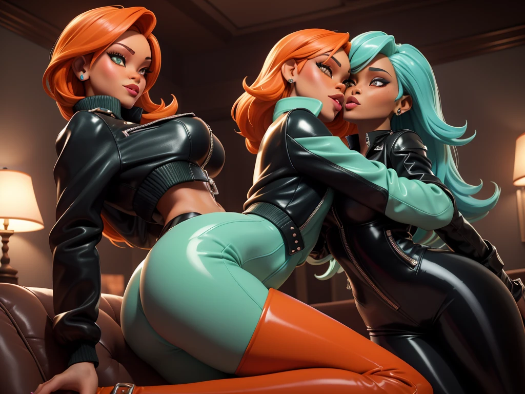 obra prima, melhor qualidade, ((rihanna, ciara)) head back, sassy wicked, open mouth, big teeth smile, thick smoky black eye shadow, long fake eyelashes, sultry eyes, ((dark orange leather biker jacket,)) biker jacket has stiff collar, leather blouse, ((mint green pvc skinny pants,)) studs zippers snaps, shiny leather gloves, nip slip, body is skinny, laying down hugging each other on sofa, shiny tight buttocks, arched back, mashing breasts, (passionate kissing,) camera view of whole body, looking up at me, shallow depth of field, highres, HD, 8k, anatomically correct