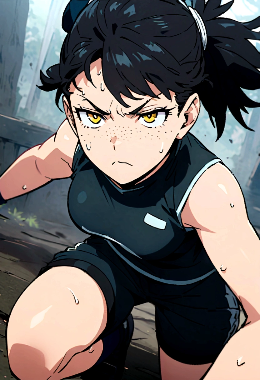 screenshot of my hero academy. full body girl with long black and blue tied hair, intense yellow eyes, freckles on her face, she is wearing a black sleeveless shirt and shorts, she is training with a sweaty face, with a serious expression
