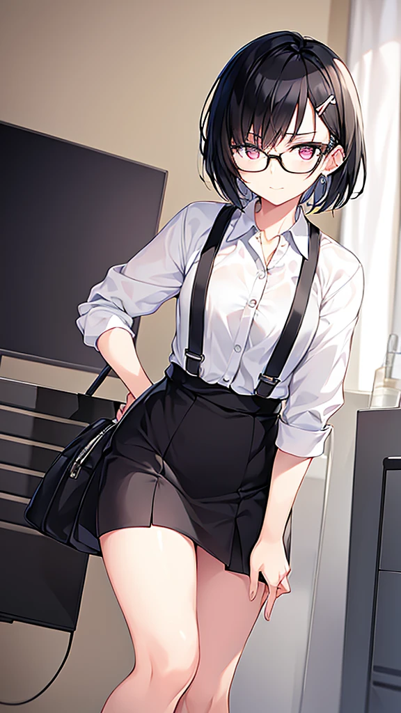 A woman with short black hair, wearing glasses, not smiling, with a small hair clip, wearing a black and white skirt.
