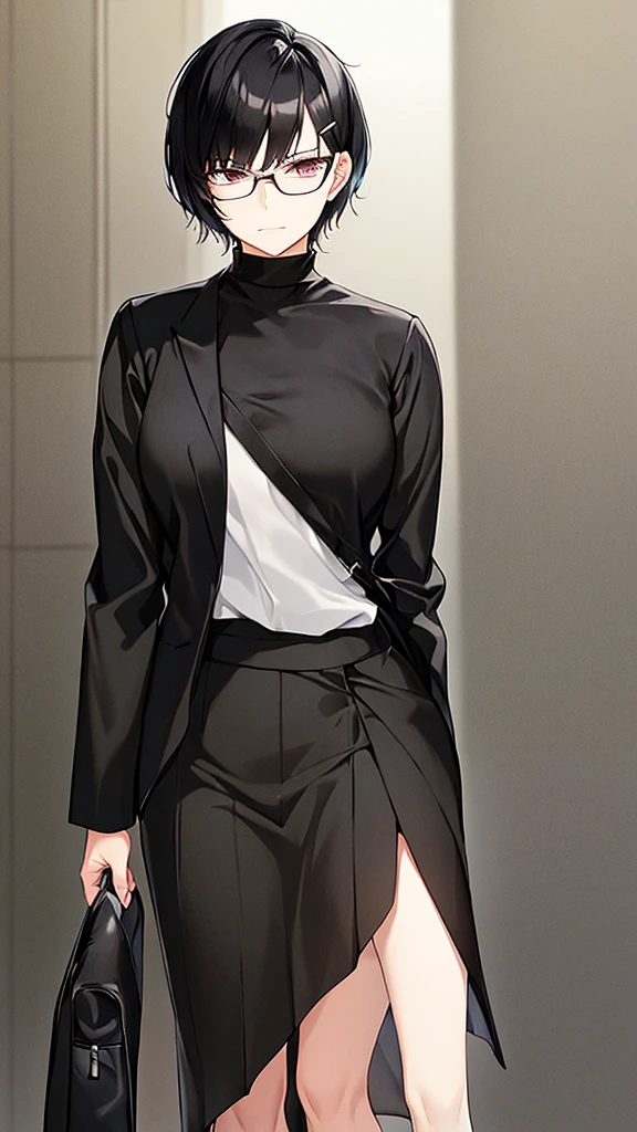 A woman with short black hair, wearing glasses, not smiling, with a small hair clip, wearing a black and white skirt.