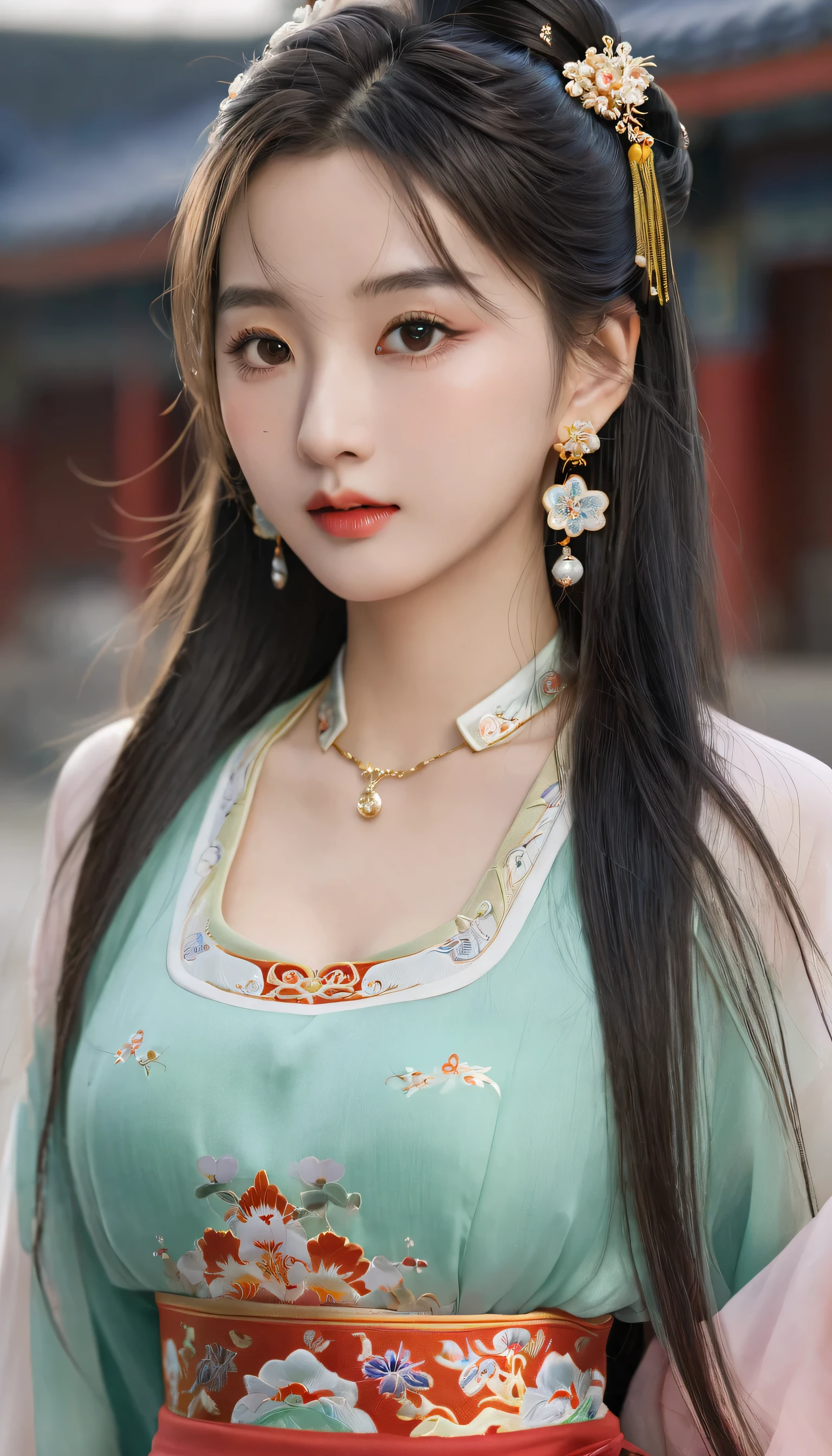 (photorealistic, best quality, ultra high res, extremely detailed eyes and face:1.3),1girl, solo,full body,skirt,jewelry,long_hair,necklace,earrings,perfect body,standing,large breasts,looking at viewer,chinese clothes,china dress,hanfu,