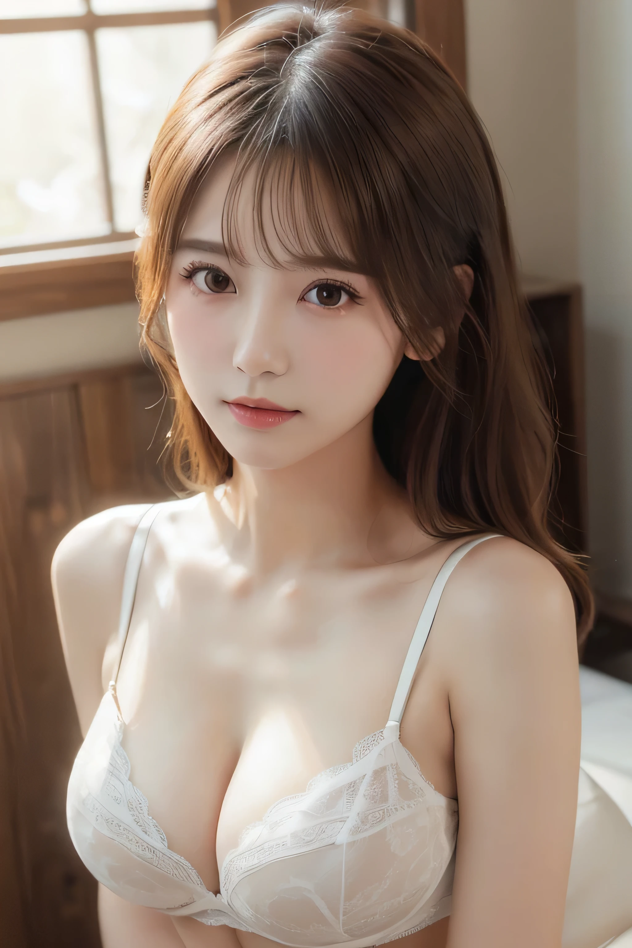 (Showing :1.3)、Wearing makeup:1.3、Close-up of face:1.4、(((looking at the camera:1.4)))、{{masterpiece}}, {{highest quality}}, {{Very detailed}}, {{Small }}, Cinematic Lighting,Beautiful and delicate shine, Dynamic Angle, Depth of written border, Light_leak, wonderful, Fine details, 4K, 8k,Japanese Idols,, Dreamy look, Bright and warm tones, { pose}, (:1.5), (Slim Body:1.5), (white Lingerie:1.5)