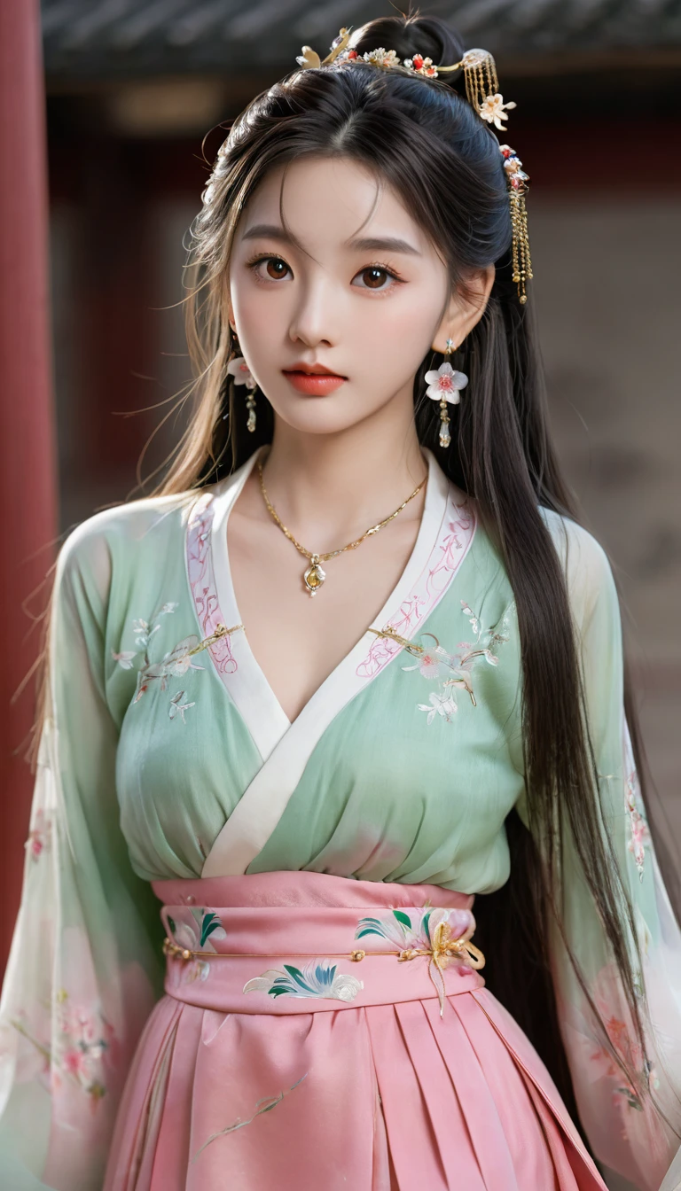 (photorealistic, best quality, ultra high res, extremely detailed eyes and face:1.3),1girl, solo,full body,skirt,jewelry,long_hair,necklace,earrings,perfect body,standing,large breasts,looking at viewer,chinese clothes,china dress,hanfu,